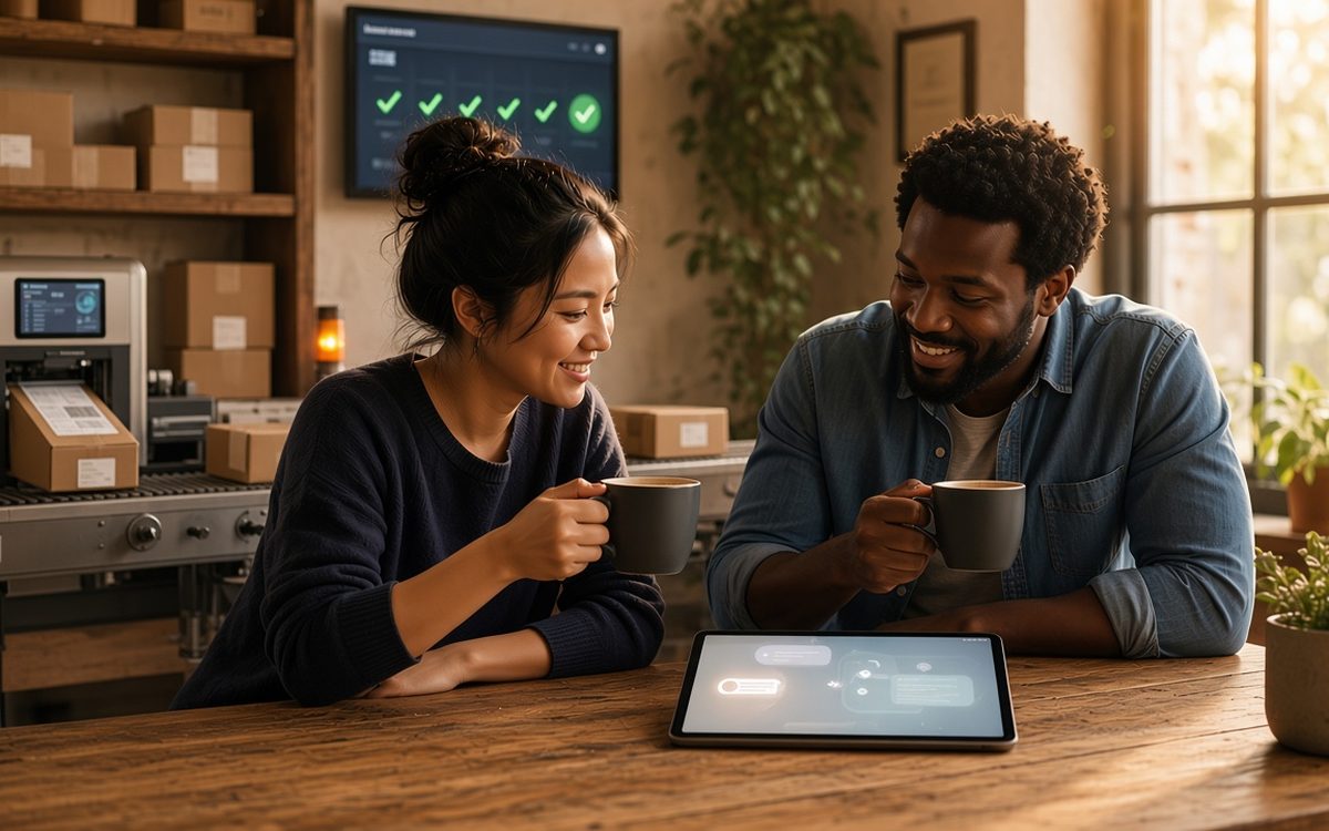 Two coworkers enjoying coffee while orders are packed and labeled automatically behind them.